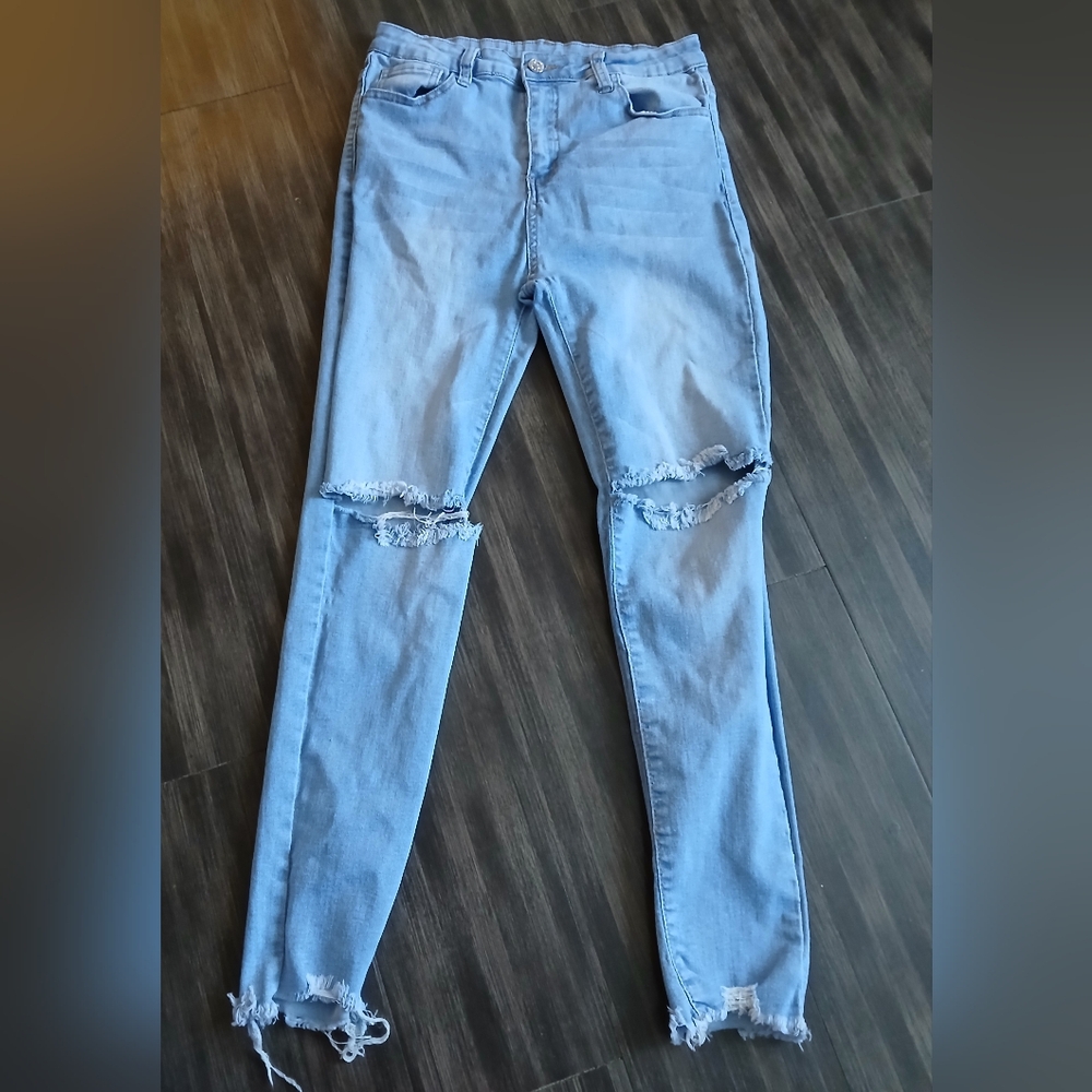 Light Blue Distressed Junior's Jeans- Large